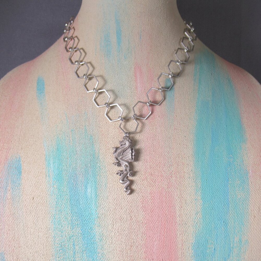 Silver Dragon Pendant, Hand Cast Bronze and Hexagon Chain